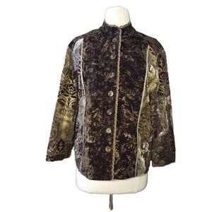 Chico's womens Crushed Velvet top Brown Gold Shacket Floral Button Up Sz 12